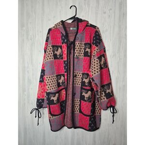 Vintage Tundra Canada Patchwork Hooded Wool Cardigan Sweater Womens M Red Black
